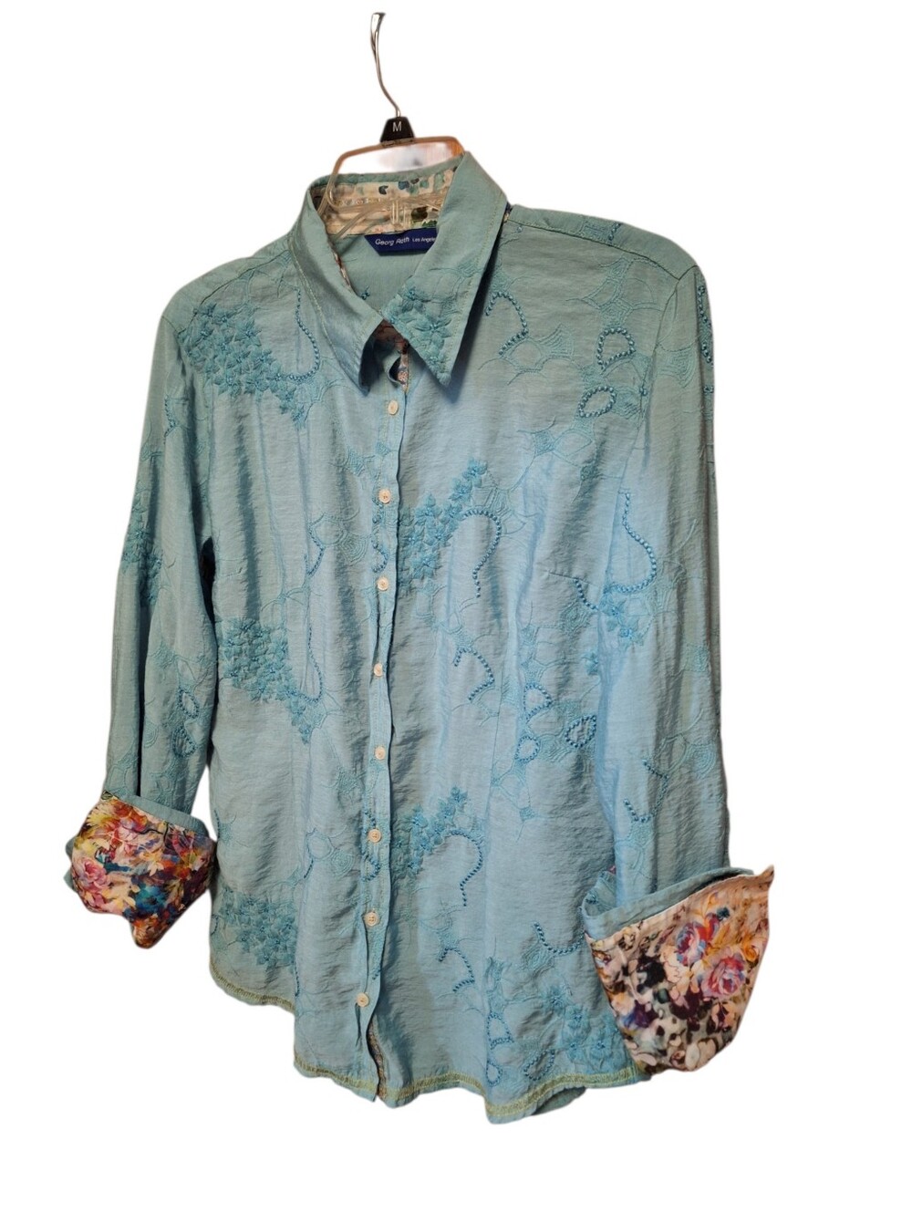 GEORG ROTH Double Flip Cuff Button Up Blouse Textured Ladies Large Fitted ARTSY